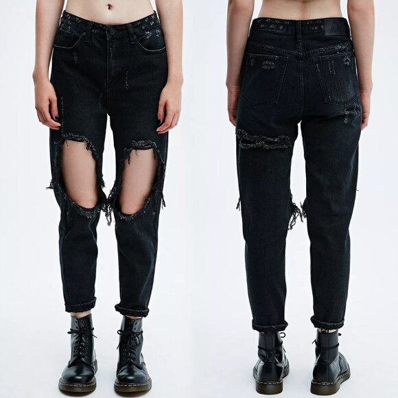 UNIF x Urban Outfitters Destroyed Black Denim Twerk Jeans Size 27 - Picture 4 of 7